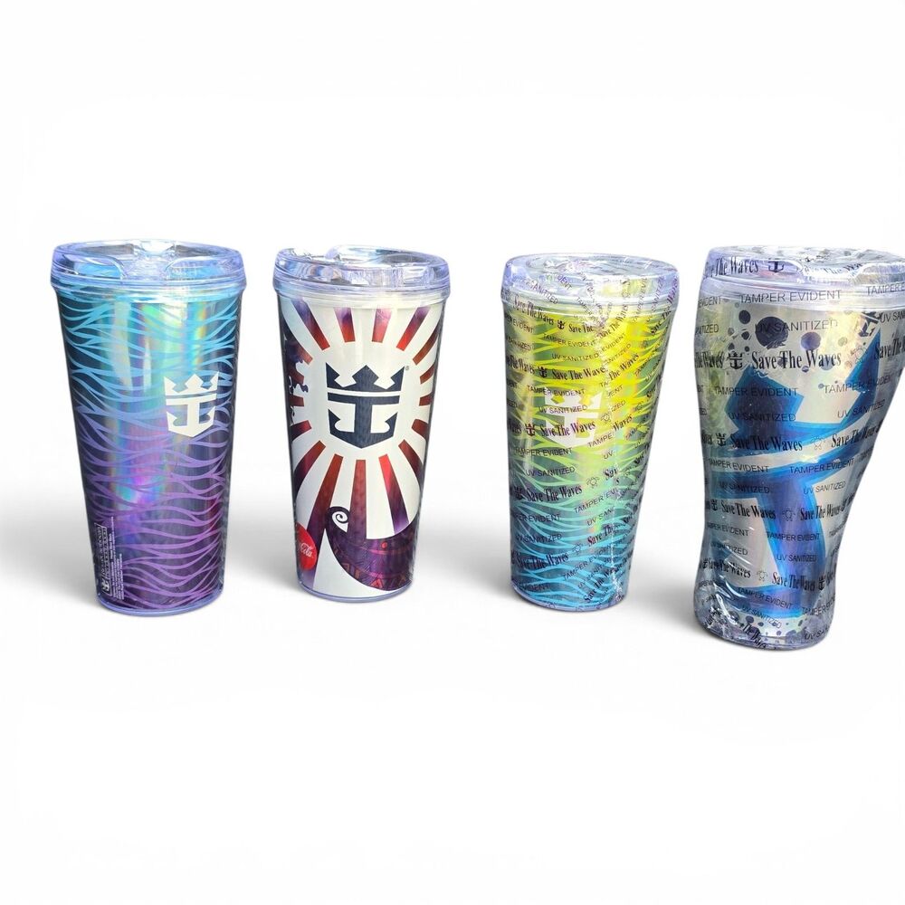 Lot 4 Royal Caribbean Souvenir Tumbler Cups Whirley Coca Cola Save The Waves